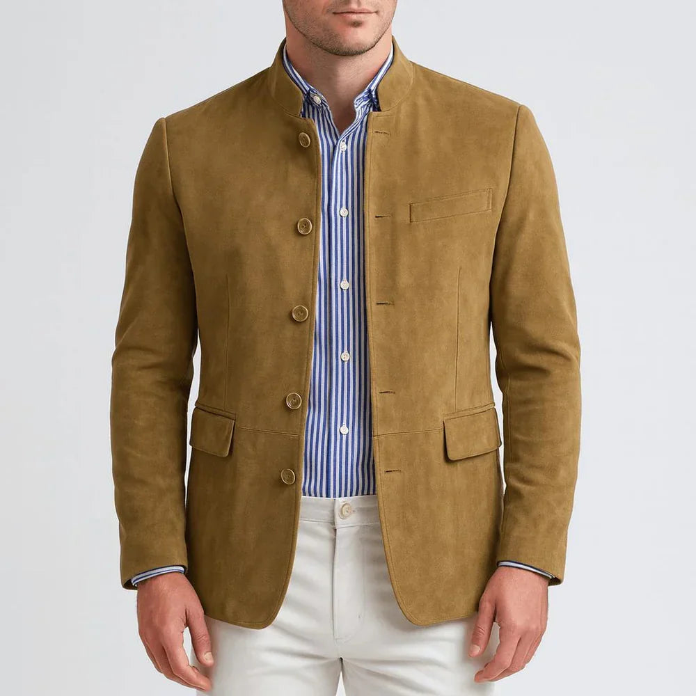 Suede blazer with Chinese collar