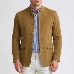 Suede blazer with Chinese collar