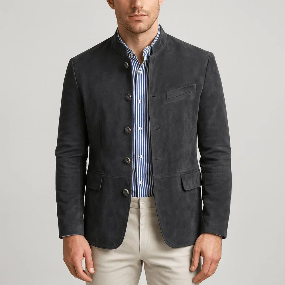 Suede blazer with Chinese collar