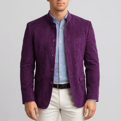 Suede blazer with Chinese collar