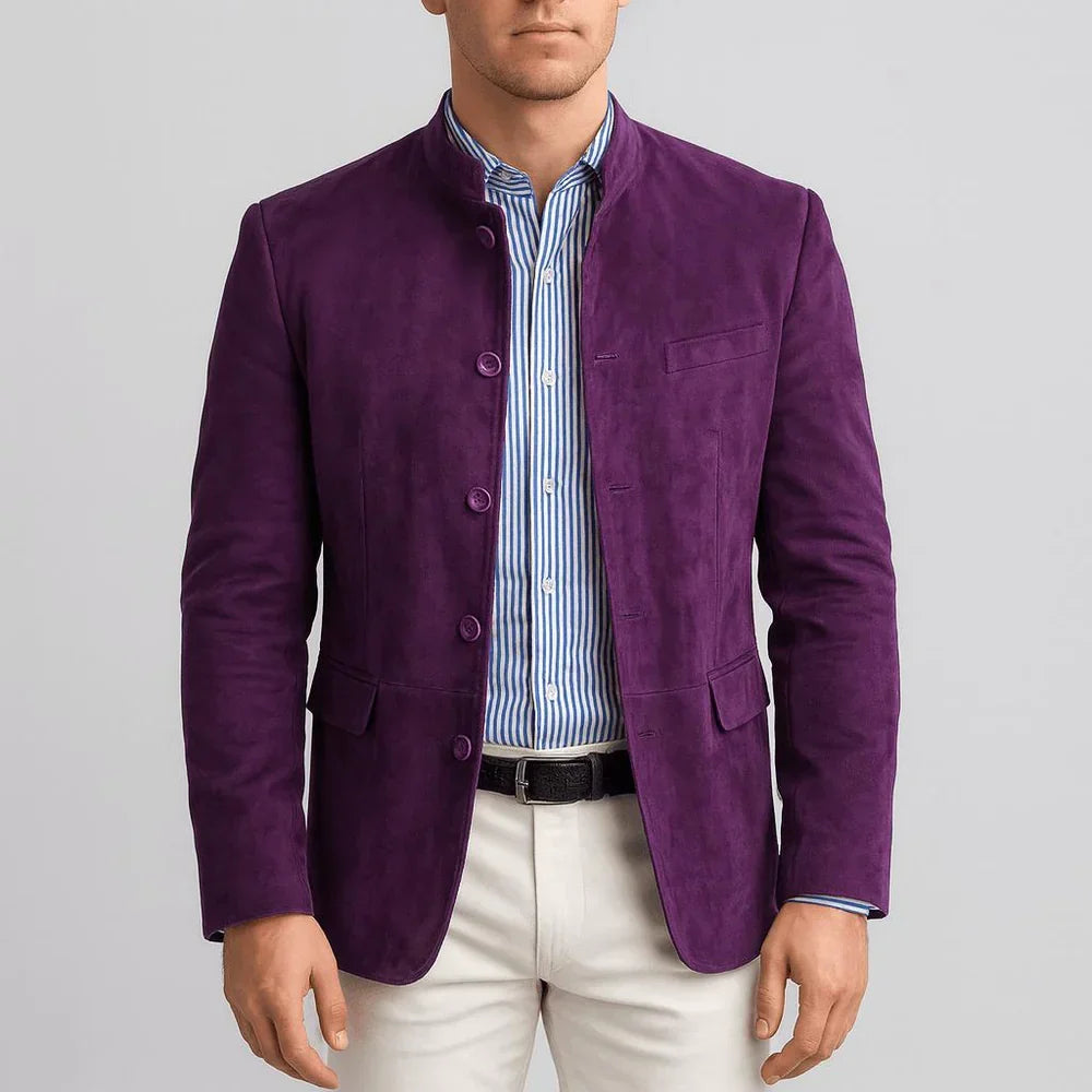 Suede blazer with Chinese collar