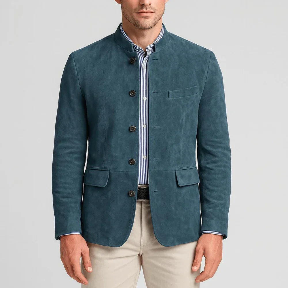 Suede blazer with Chinese collar