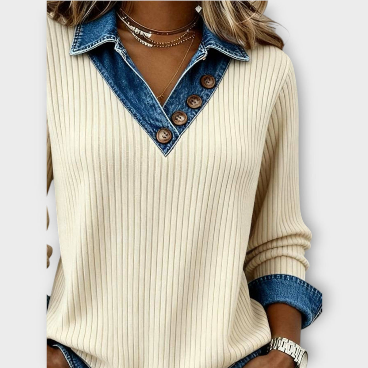 Ribbed Denim-Collar Knit Top – LinearStudio