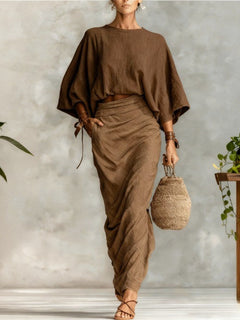 Round neck batwing sleeve top and long skirt set